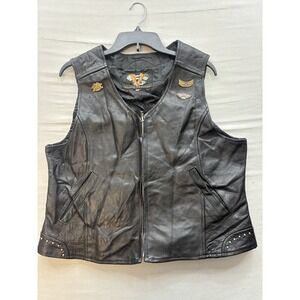 Vance Textiles Women Black Leather Biker Vest Studded Patches HOG Size L 3XL